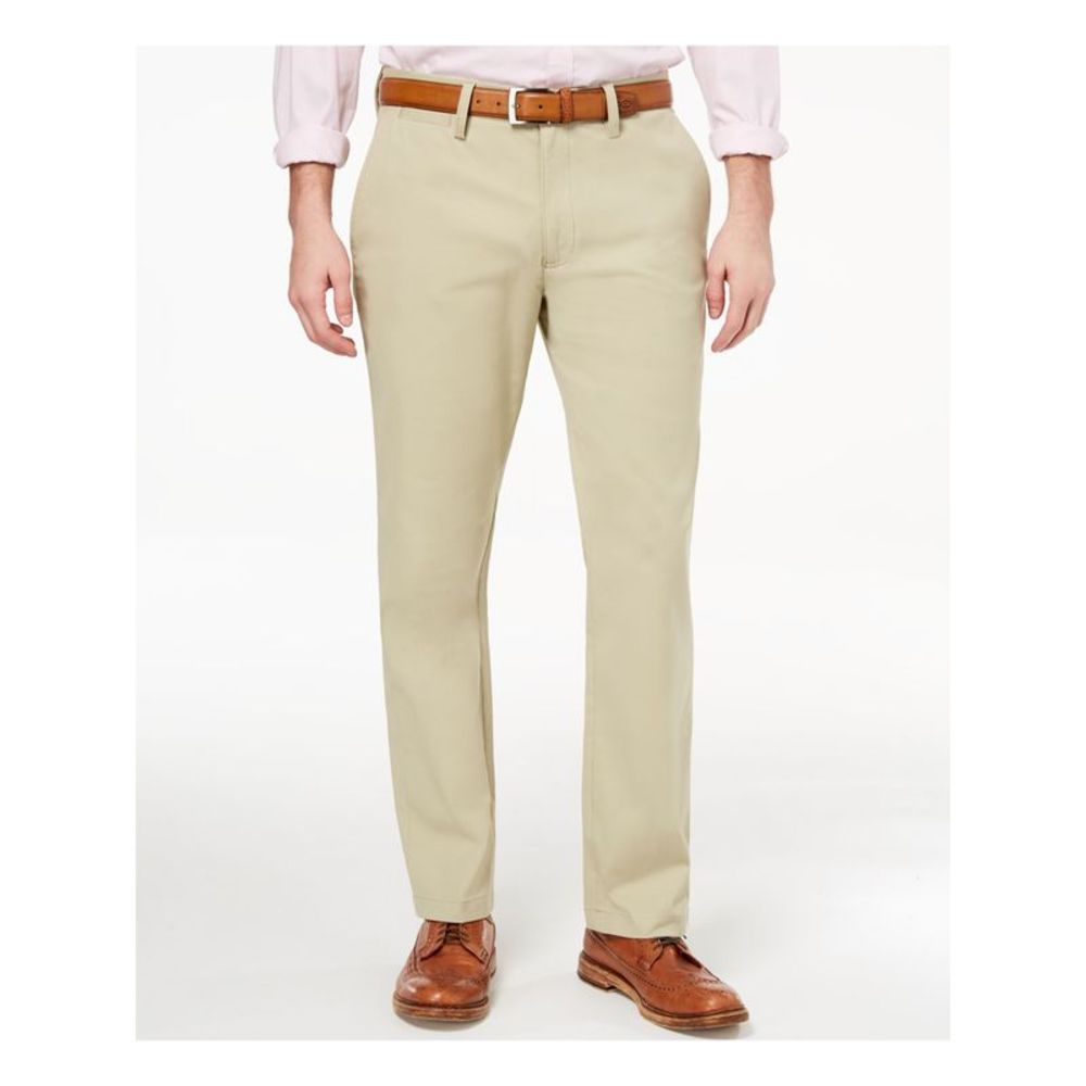 CLUBROOM Mens Beige Flat Front, Straight Leg Straight Fit Stretch Pants W33/ L32